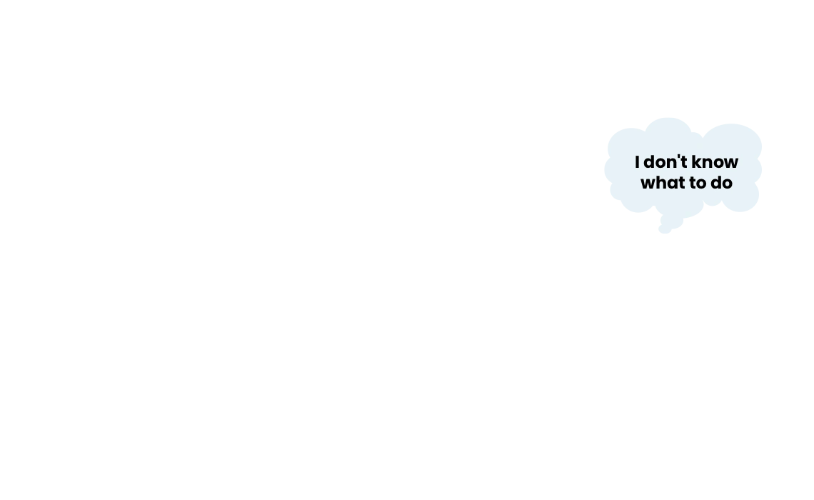 A cloud-shaped speech bubble on the right side with the text I don’t know what to do, creating a relatable 2024 Sale Page graphic on a plain white background.