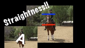 A rider sits upright on a chestnut horse in an outdoor arena. Blue and red lines highlight rider symmetry and alignment. “Straightness!!” is written in bold white text, with a large letter A on an inset image.