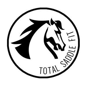 Black and white logo of a stylized horse head inside a circle, with the words TOTAL SADDLE FIT written along the lower right curve—perfect for your 2024 Riding Bootcamp branding.