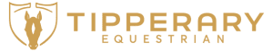 Tipperary Equestrian logo with a gold horse head in a shield, TIPPERARY in bold gold above EQUESTRIAN; evokes dressage elegance.