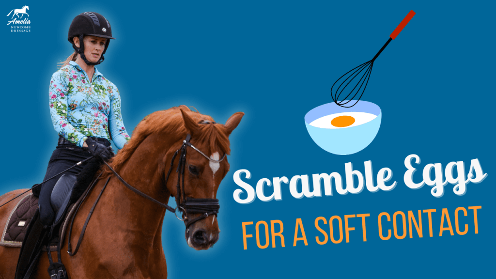 A woman in riding gear sits on a chestnut horse against a blue background. Text reads Scramble Eggs for a Soft Contact, highlighting the benefits of scrambled eggs in horse nutrition, next to an illustration of a bowl with an egg and whisk.