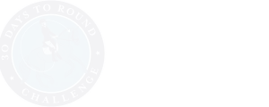 A circular blue logo featuring a rider on a horse in the center, with the text 30 Days to Round 2024 Challenge around the circle’s border.