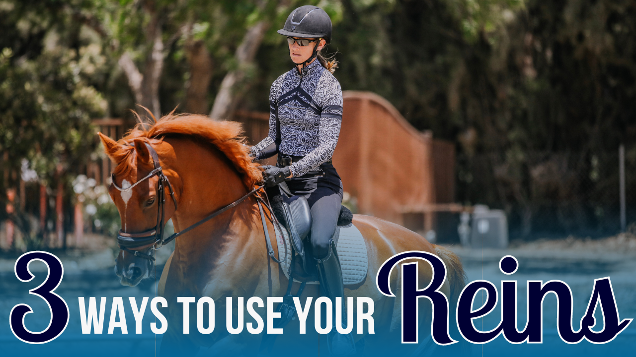 A person in riding gear and helmet practices rein aids while riding a chestnut horse outdoors. Overlay text reads, 3 WAYS TO USE YOUR Reins. Trees and a wooden structure are visible in the equestrian background.