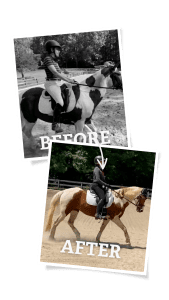 Two photos of a person riding a horse: the top image is black and white labeled BEFORE, the bottom is in color labeled AFTER, showing improved posture in an outdoor arena—perfect inspiration as you consider pre-enrollment for Round 2024.