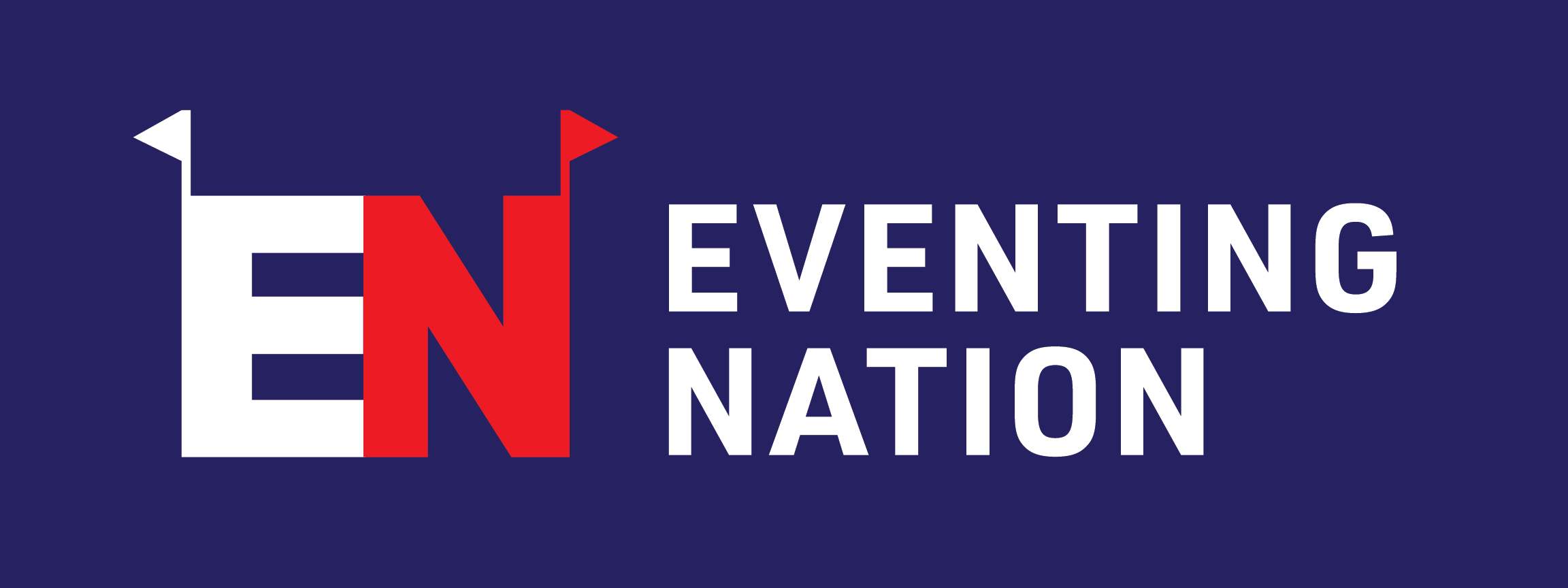 Logo with stylized letters EN in red and white, featuring a flag design, next to the words EVENTING NATION in white, all on a dark blue background, representing excellence in eventing and Dressage Training.