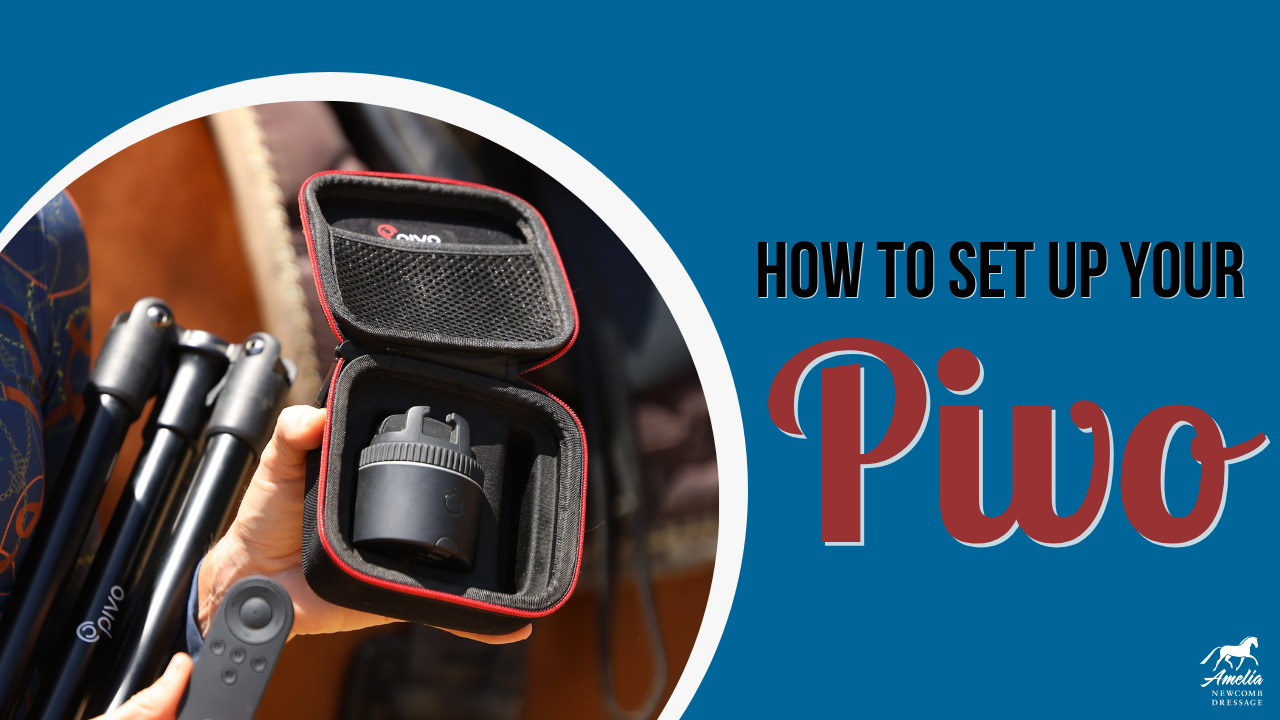 A hand holds a tripod, a remote, and an open carrying case containing a Pivo camera mount. Text reads How to set up PIVO on a blue background with a white circle and a horse logo in the corner.
