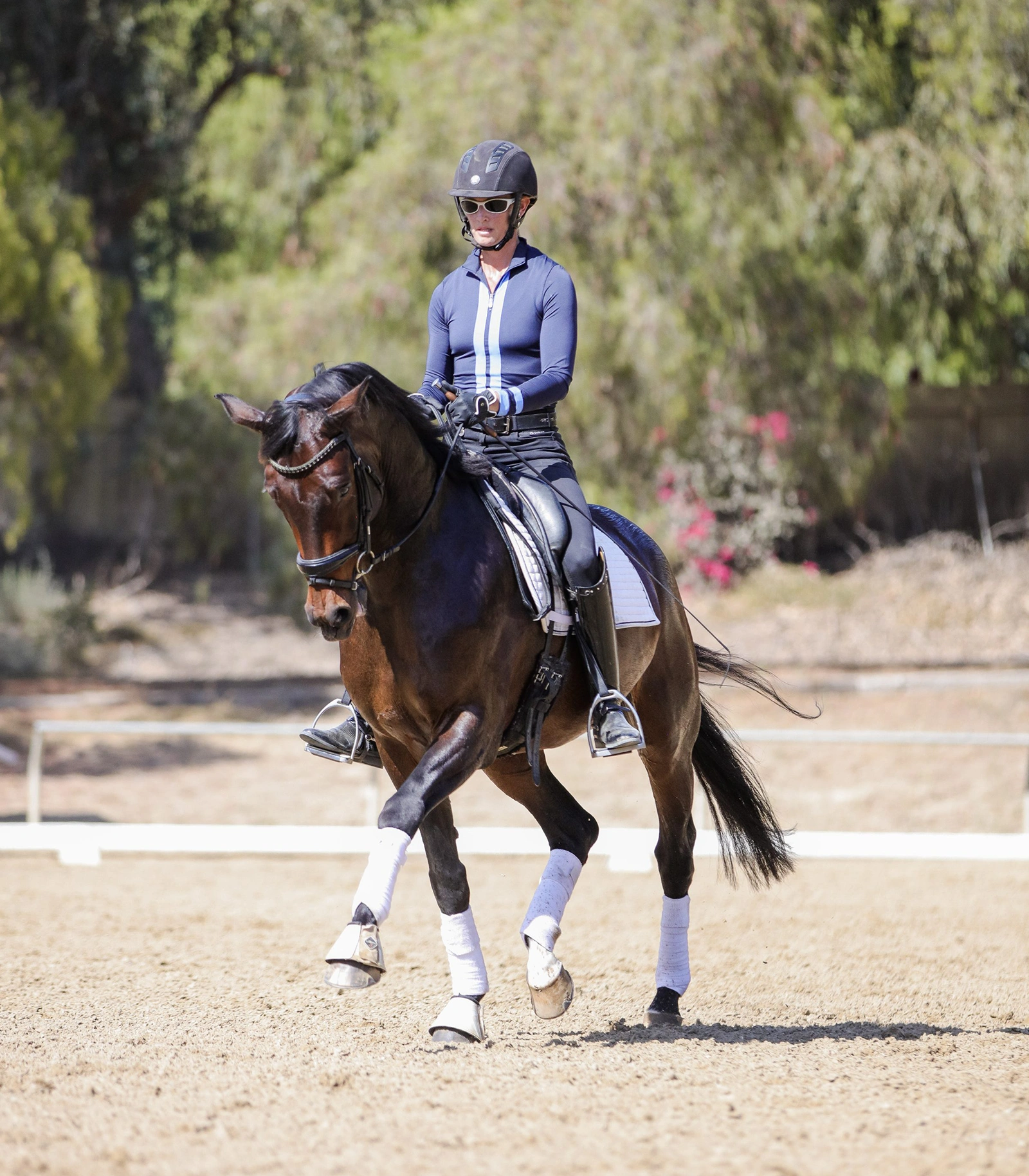 A person wearing a helmet, sunglasses, and navy riding attire is riding a dark brown horse in an outdoor arena surrounded by greenery. This scene captures the focus often discussed in our rider mindset webinar. The horse sports white leg wraps and a bridle.