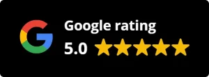 Google logo next to the text Google rating 5.0 with five yellow stars on a black background, styled with Elementor for a sleek footer design.