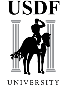 Logo featuring a rider on horseback performing simple flying changes in silhouette between two columns, with the letters USDF at the top and the word University at the bottom. Perfect for dressage enthusiasts.