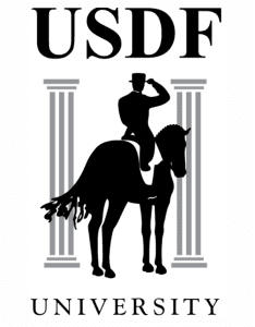 Logo with USDF at the top, a silhouette of a person in a top hat saluting while sitting on a horse, framed by two columns, UNIVERSITY at the bottom—perfect for celebrating dressage excellence and advanced horse training.