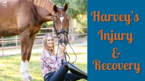 A smiling woman in equestrian attire sits on grass next to a brown horse. Text on a blue background reads: “Harvey’s Injury & Recovery.” The scene suggests an update on what happened to Harvey in this peaceful, tree-lined outdoor area.
