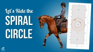 A rider on a brown horse is shown next to a diagram of a horse riding arena. Large text on the blue background reads, Let’s Ride the Spiral Circle—a great riding tutorial for learning how to ride this pattern.