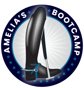 A logo featuring a tall black riding boot with a spur and a crop, set against a starburst background. The words Amelias Bootcamp encircle the boot, with blue stars lining the border—perfect for your 2025 riding bootcamp.