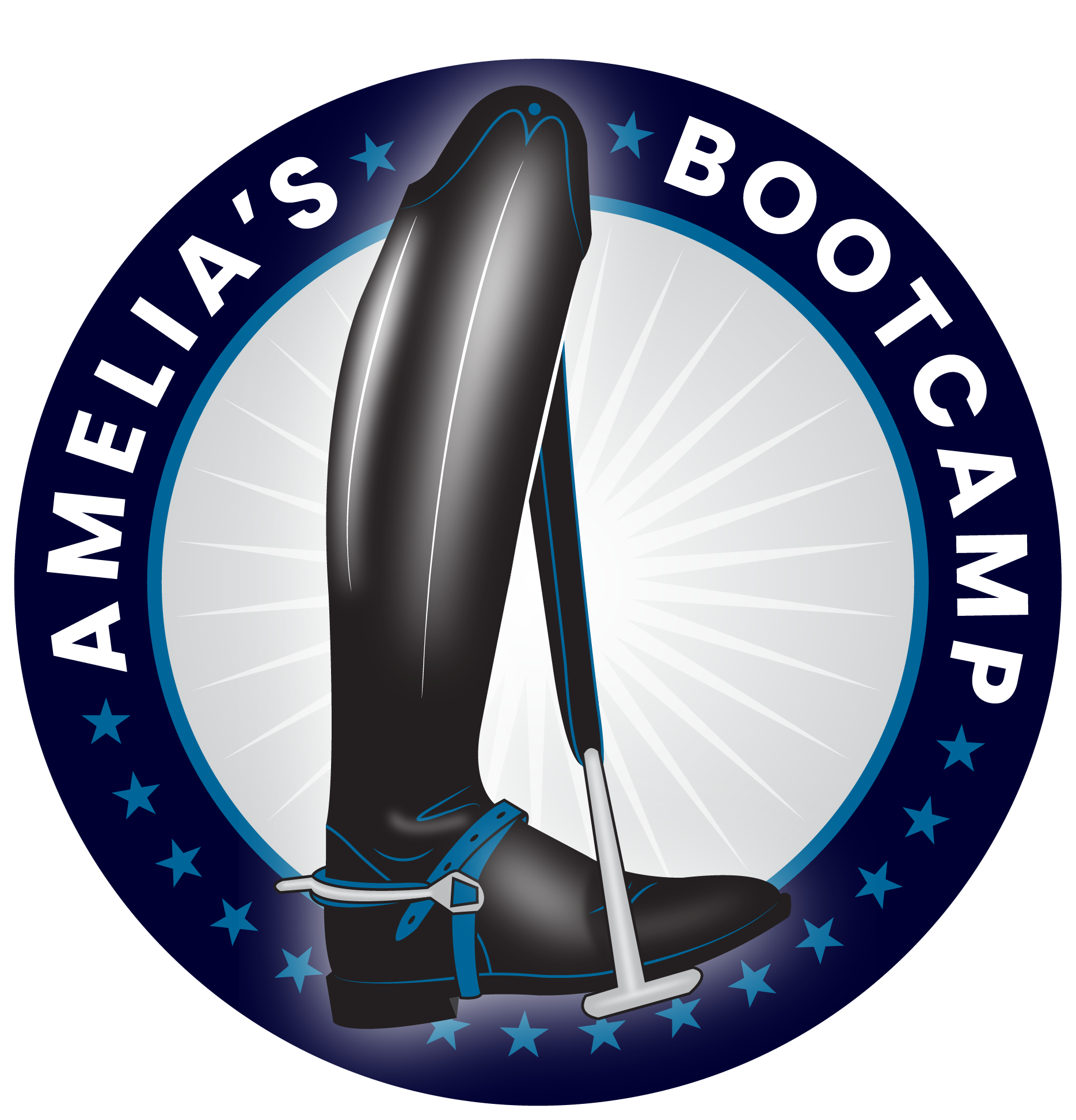A logo featuring a tall black riding boot with a spur and a crop, set against a starburst background. The words Amelias Bootcamp encircle the boot, with blue stars lining the border—perfect for your 2025 riding bootcamp.
