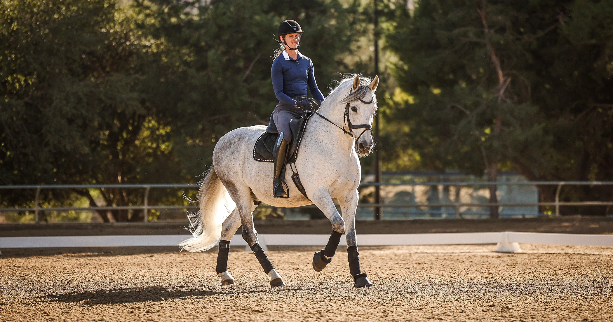 Amelia Newcomb rides a grey horse in an outdoor arena, demonstrating collected trot amid trees and filtered sunlight.