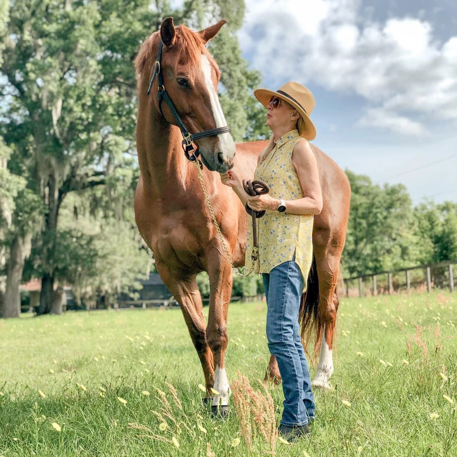 A woman in a hat, sleeveless yellow top, and jeans stands next to a brown horse in a grassy field, holding its reins. Trees and a fence are visible in the background under a partly cloudy sky.