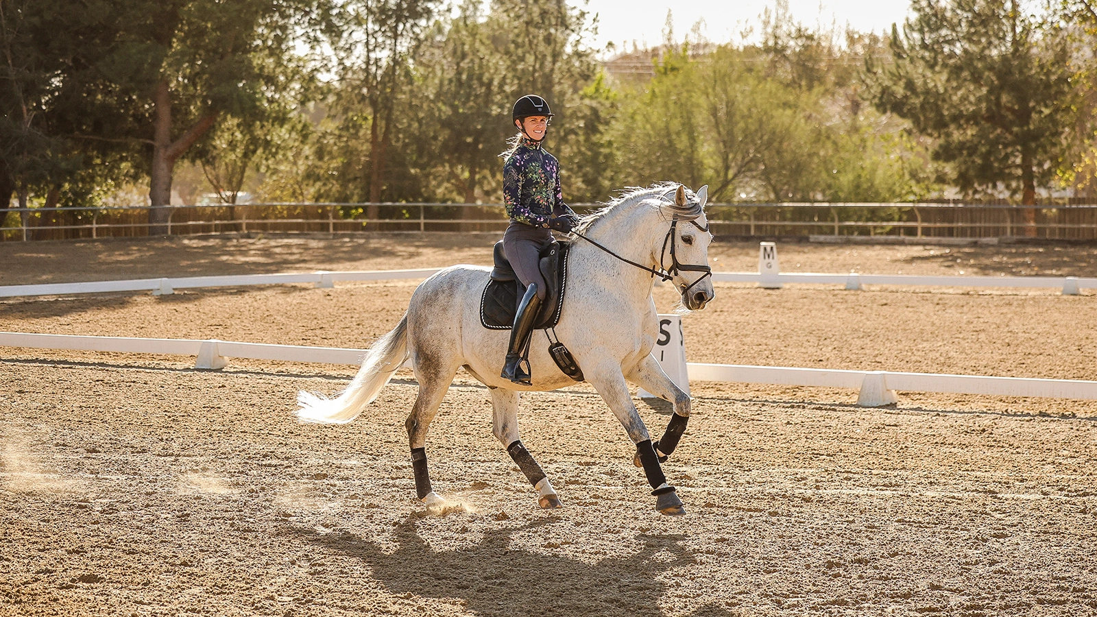 A person wearing a helmet and patterned top rides a white horse in an outdoor arena on a sunny day, performing dressage for Strides 2024, with trees and a fence in the background.