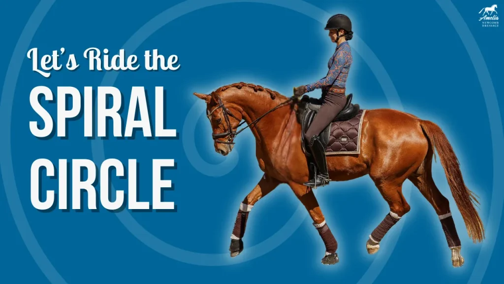 A person wearing a helmet and riding attire rides a brown horse on a blue background with the text: Ride the Spiral Circle.