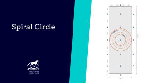 A diagram of a dressage arena showing spiral circles in orange around the center, titled Spiral Circle, with the Amelia Newcomb Dressage logo on the left—one of Amelia's top training exercises.