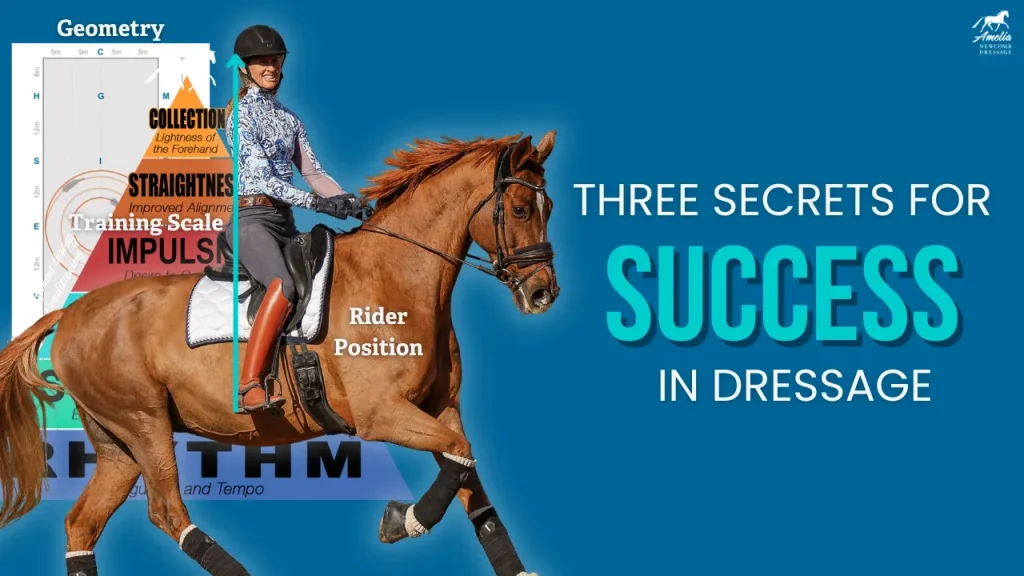 A rider on a chestnut horse in mid-stride, with labeled elements showing equestrian position and the dressage training scale. Text reads: Three Secrets for Success in Dressage. Blue background.