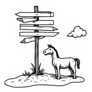A cartoon horse stands beside a wooden signpost with six blank directional arrows. Grass grows at the posts base, and a small cloud floats in the sky. The scene is drawn in a simple, black-and-white style.
