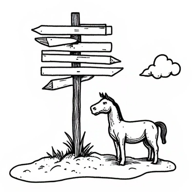 A cartoon horse stands beside a wooden signpost with six blank directional arrows. Grass grows at the posts base, and a small cloud floats in the sky. The scene is drawn in a simple, black-and-white style.
