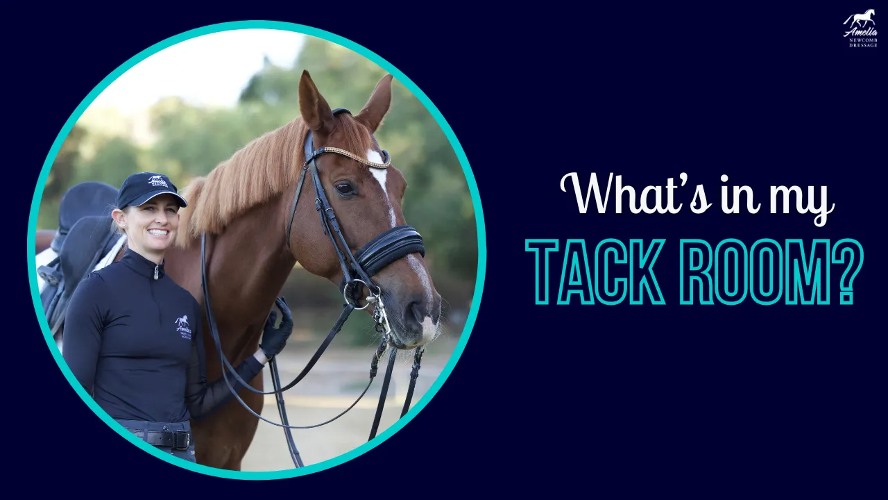 A woman in riding gear stands beside her brown horse, both smiling at the camera. Text beside them reads, “What’s in my TACK ROOM?” on a dark blue background, inviting viewers to explore equipment fit and horse essentials.