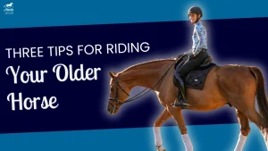 A smiling person in a helmet and riding gear sits on a brown older horse. Text reads: Three tips for riding your older horse. The image has a blue background with a highlighted glow around the rider and horse.