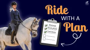 A smiling equestrian in riding gear sits on a white horse. Next to them is a checklist labeled Warmup, Work phase, and Cool down. Large text reads Plan Your Ride on a dark blue background.