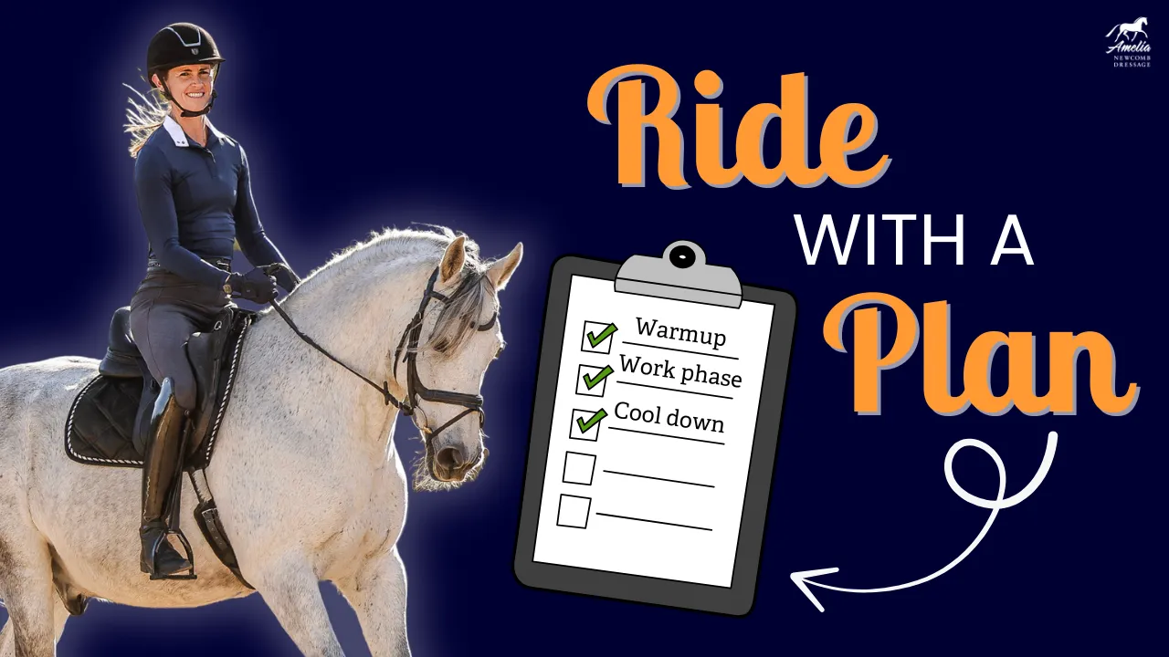 A smiling equestrian in riding gear sits on a white horse. Next to them is a checklist labeled Warmup, Work phase, and Cool down. Large text reads Plan Your Ride on a dark blue background.