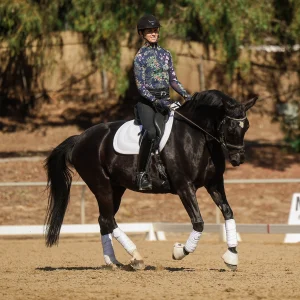 A person in a floral-patterned long-sleeve shirt, black helmet, and riding boots demonstrates the Rider Position Blueprint while riding a dark horse with white leg wraps and a saddle pad in an outdoor arena framed by trees and a fence.