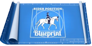 A blue blueprint showing a diagram of a person riding a horse with the text Rider Position Blueprint above and below, grid lines and rolled blueprint edges visible—perfect for studying proper riding technique.