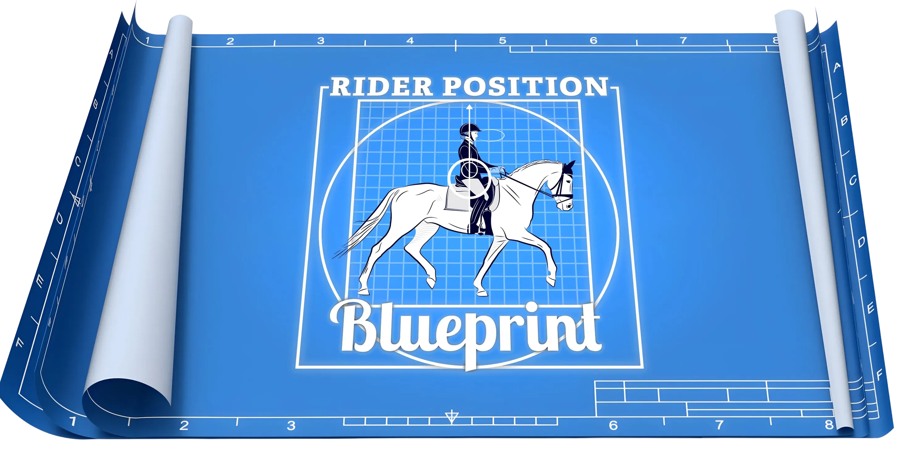 A blue blueprint showing a diagram of a person riding a horse with the text Rider Position Blueprint above and below, grid lines and rolled blueprint edges visible—perfect for studying proper riding technique.
