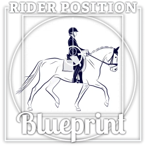 A stylized drawing of an equestrian riding a horse, surrounded by geometric lines and grids. The text “RIDER POSITION” is at the top and “Blueprint” is at the bottom, highlighting proper rider position and riding technique.