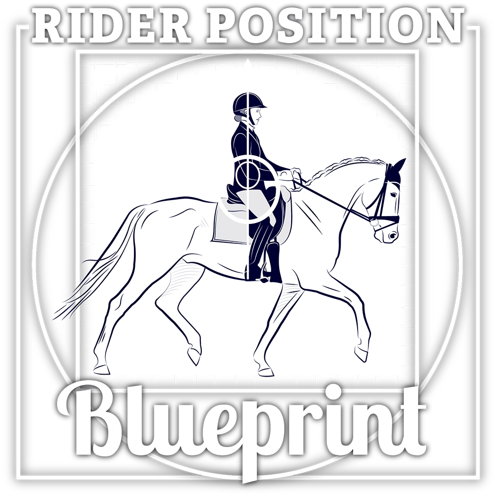 A stylized drawing of an equestrian riding a horse, surrounded by geometric lines and grids. The text “RIDER POSITION” is at the top and “Blueprint” is at the bottom, highlighting proper rider position and riding technique.