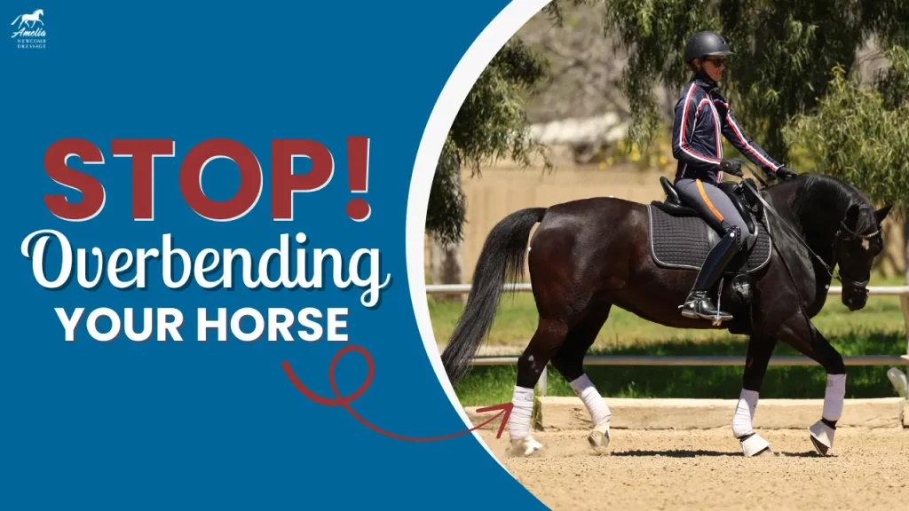 A rider on a black horse in an arena with text saying, STOP! Overbending your horse. An arrow points to the horse’s outside shoulder, highlighting drifting and showing how to fix incorrect bending.