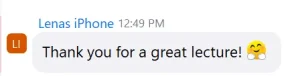 A message from Lenas iPhone reads: Thank you for a great Position Training lecture! followed by a smiling emoji with clasped hands.