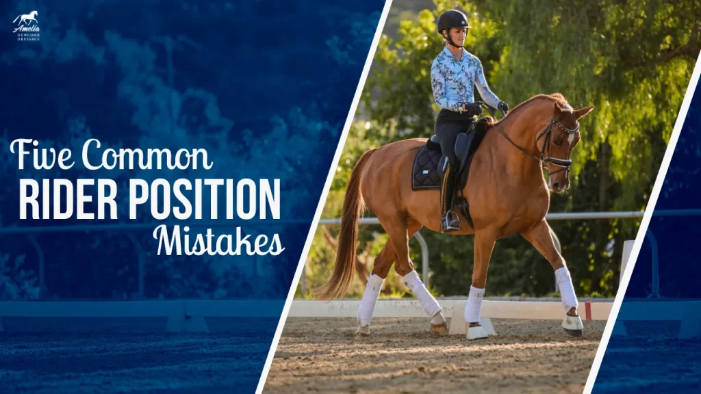A rider in a helmet and patterned shirt sits on a chestnut horse during dressage. Text reads, Five Common Rider Position Mistakes. The background includes trees and a fenced arena, highlighting typical riding mistakes in rider posture.