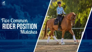 A rider in a helmet and patterned shirt sits on a chestnut horse during dressage. Text reads, Five Common Rider Position Mistakes. The background includes trees and a fenced arena, highlighting typical riding mistakes in rider posture.