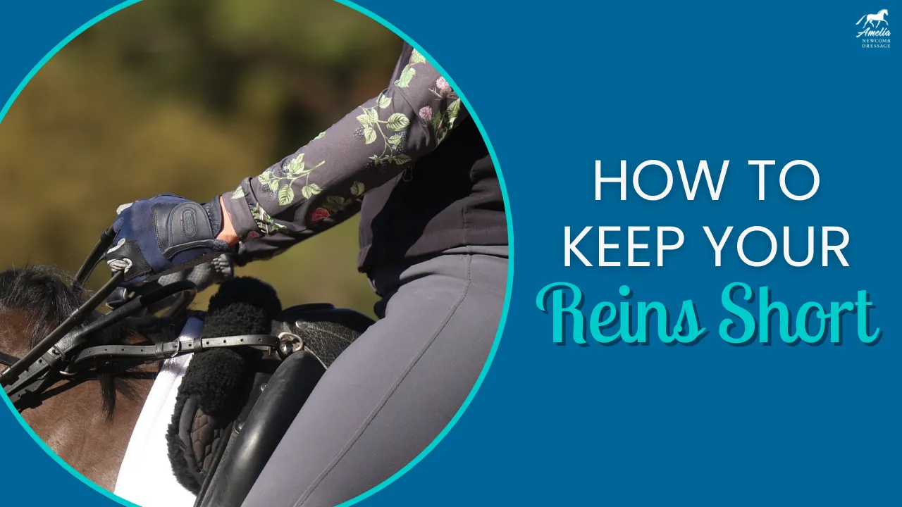 A close-up of a horseback rider skillfully holding short reins, with text next to the image that reads How to Keep Your Reins Short on a blue background.