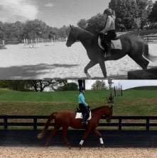 Two images, titled Canter V1, show a person riding a horse in an outdoor arena. The top photo is black and white, the bottom in color. Wearing a helmet, the rider moves along the fence with trees in the background. Open Page for more details.