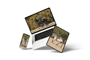 A smartphone, laptop, and tablet display images of people riding horses in outdoor arenas with trees in the background, all powered by Canter V1.
