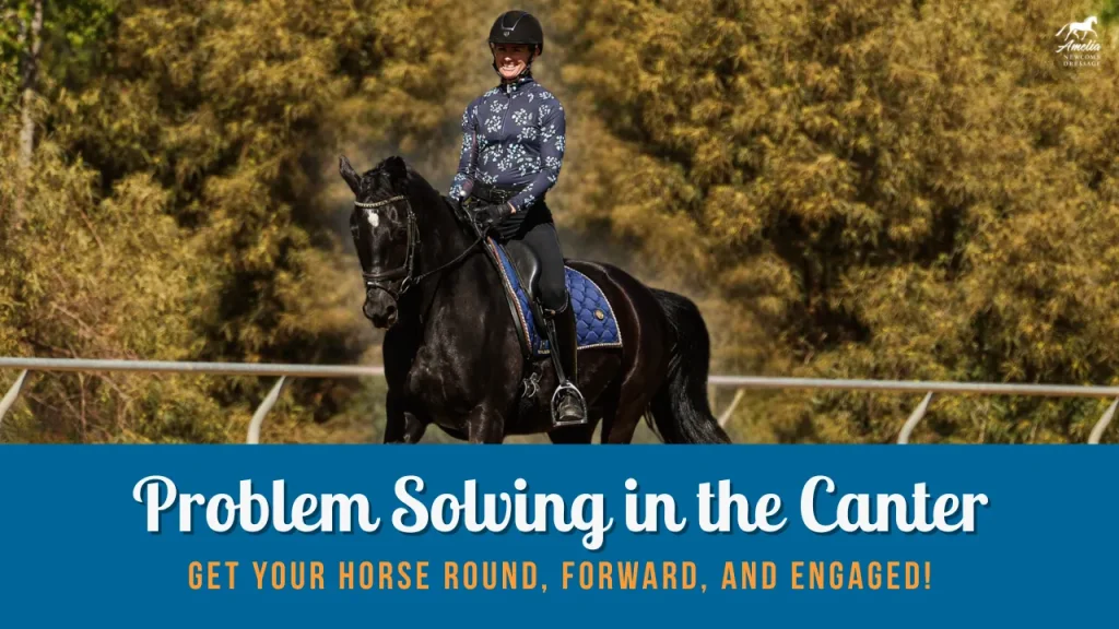 A smiling rider in a helmet and patterned jacket canters on a black horse with a blue saddle pad; trees fill the background. Text reads, Problem Solving in the Canter—essential tips for horse canter fixes to get your horse round, forward, and engaged!.