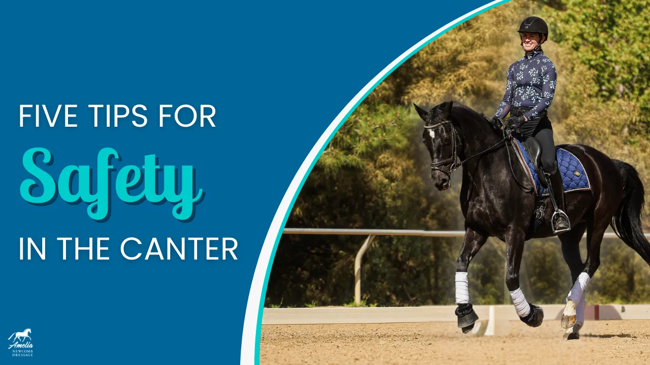 A person wearing a helmet rides a black horse in an outdoor arena. Text on the left reads: Five Cantering Tips for Safety. The background includes trees and a blue border.