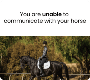 A person wearing a helmet rides a black horse outdoors, with green trees in the background. Text above reads, You are unable to communicate with your horse—discover the Rider Position Blueprint for better connection.
