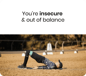 A person lies on their back with knees bent and hips lifted on a mat outdoors. Above, bold text reads: You’re insecure & out of balance—unlock your stability with the Rider Position Blueprint.