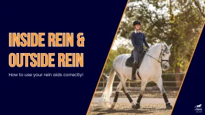 A person horse riding on a white horse in an outdoor arena; text on the left reads Inside Rein & Outside Rein - How to use your rein aids correctly! on a dark blue background.