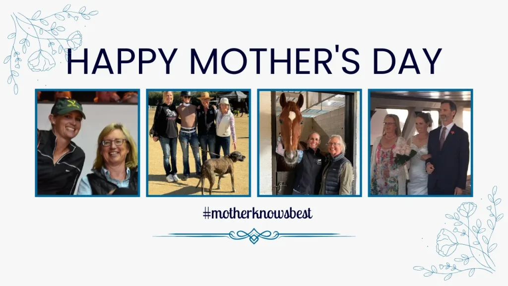 A “Happy Mother’s Day” banner showcases four photos: two women smiling, a group with a dog, two Horse Moms with a horse, and three adults dressed up. The hashtag #motherknowsbest appears below the photos, celebrating heartfelt advice and special moments.