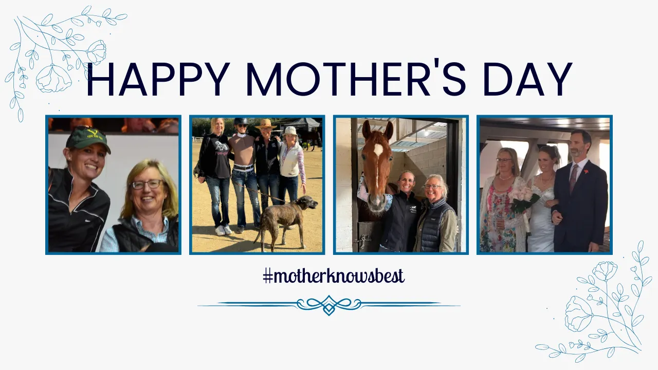 A “Happy Mother’s Day” banner showcases four photos: two women smiling, a group with a dog, two Horse Moms with a horse, and three adults dressed up. The hashtag #motherknowsbest appears below the photos, celebrating heartfelt advice and special moments.