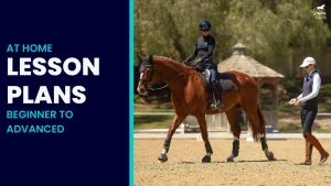 A woman rides a brown horse in an outdoor arena while another person walks beside them. Text on the left reads At Home Riding Plans Novice to Advanced on a dark blue background.